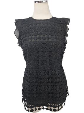 Michael Kors Black Floral Lace Top Ruffle Sleeve Blouse Size 8 Chiffon Guipure
